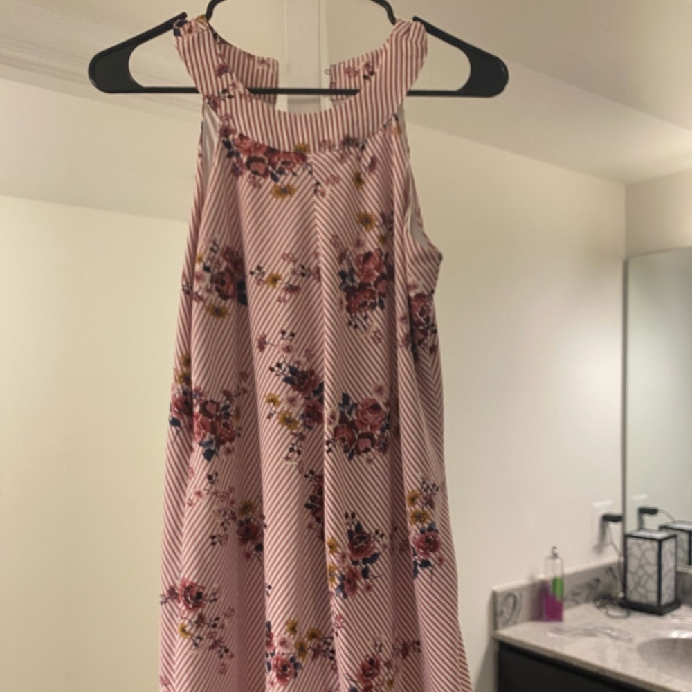 Pink Striped Floral Dress with Buttons